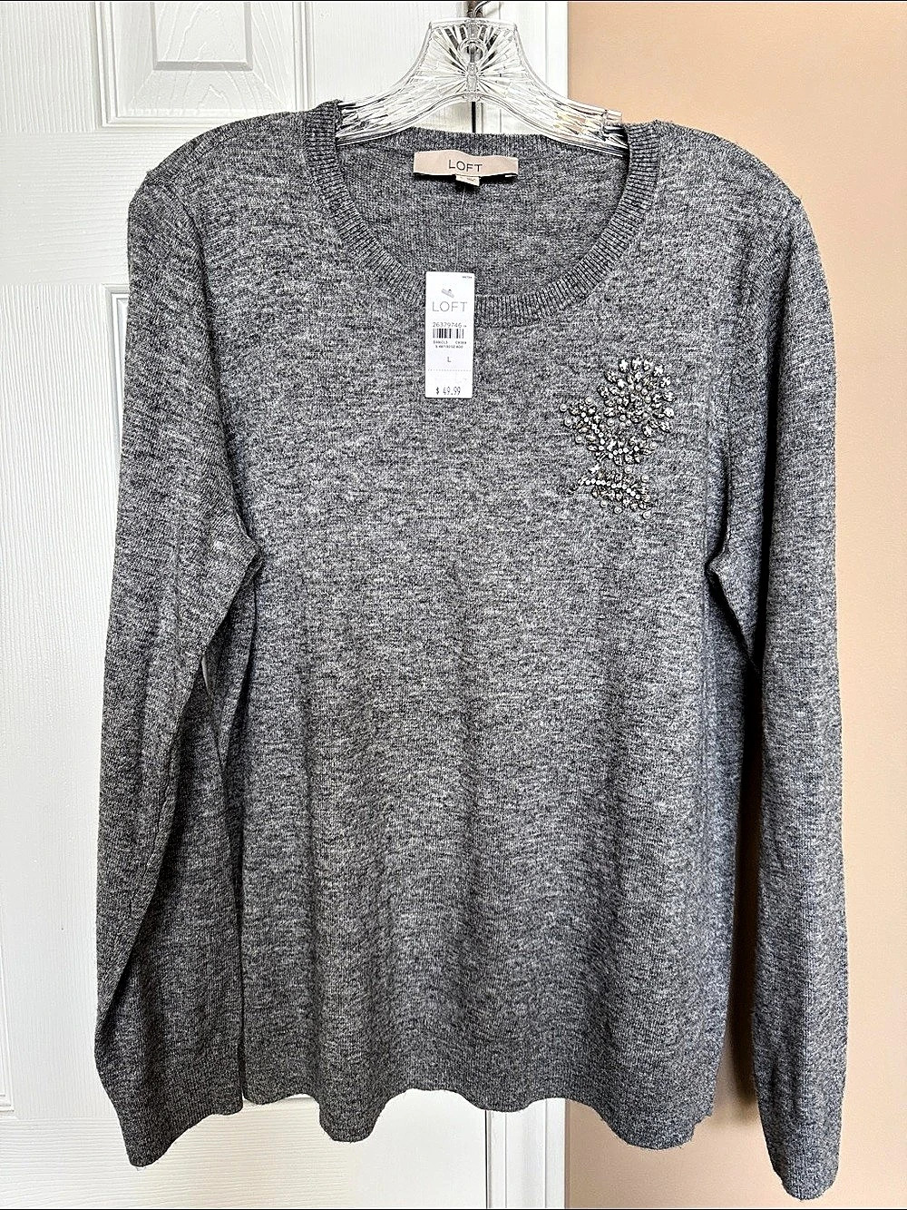 LOFT Embellished Crewneck Sweater in Gray Size Large NWT